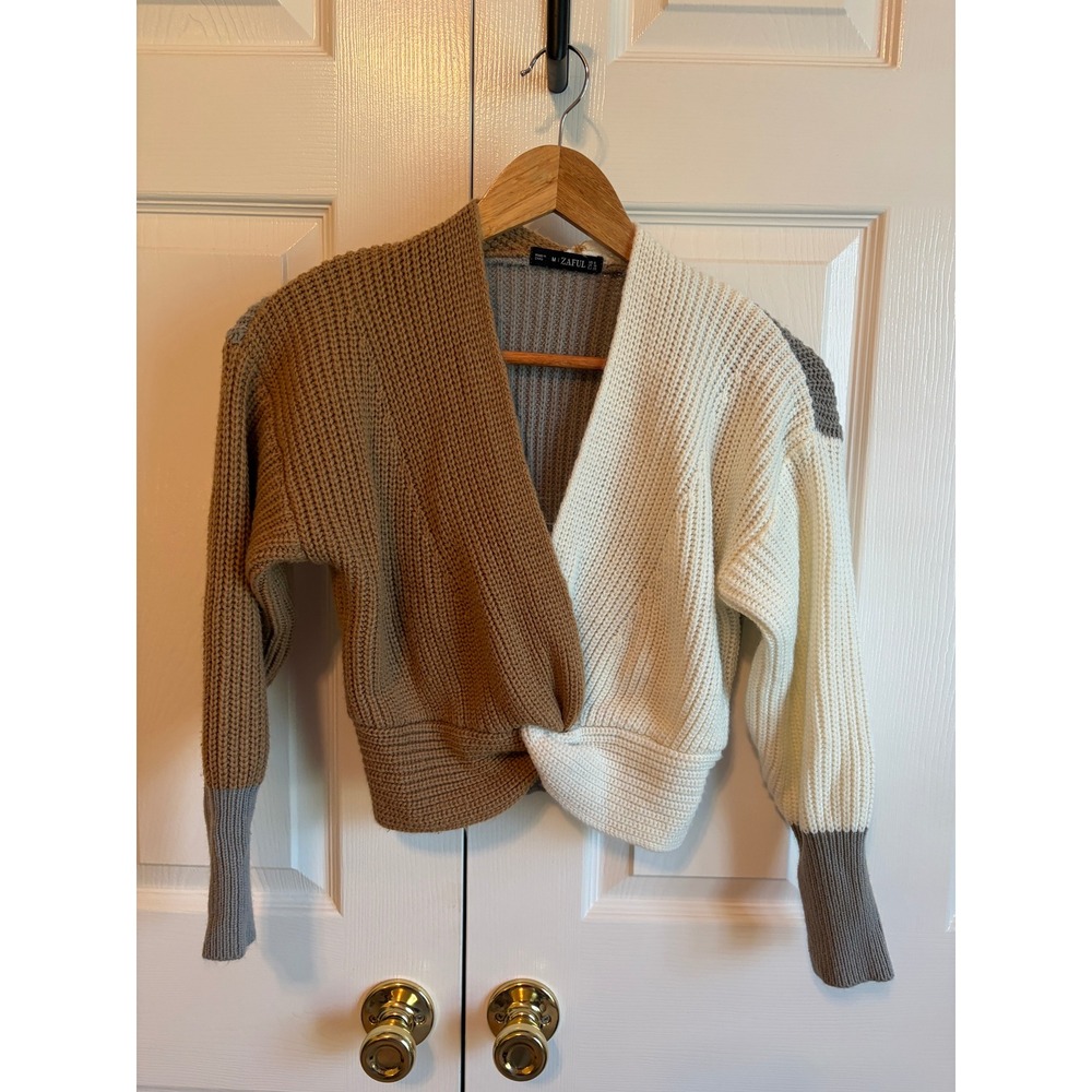 Zaful Womens Colorblock Twist Front Cropped Sweater Tan Cream Grey Size M